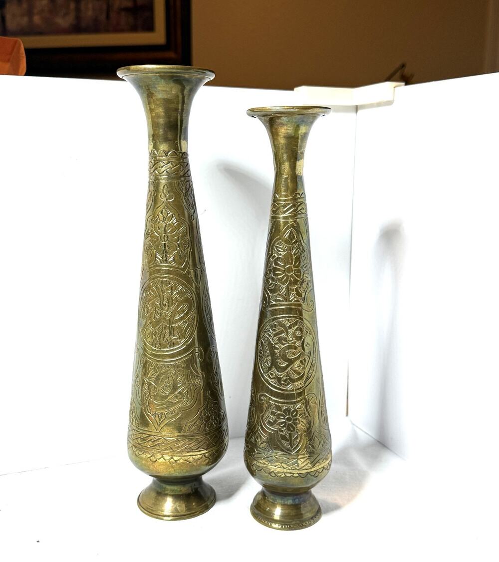 Vintage Brass Engraved Vases Set of 2 Arabic Motif Etched Brass Bud Vases 10” 11